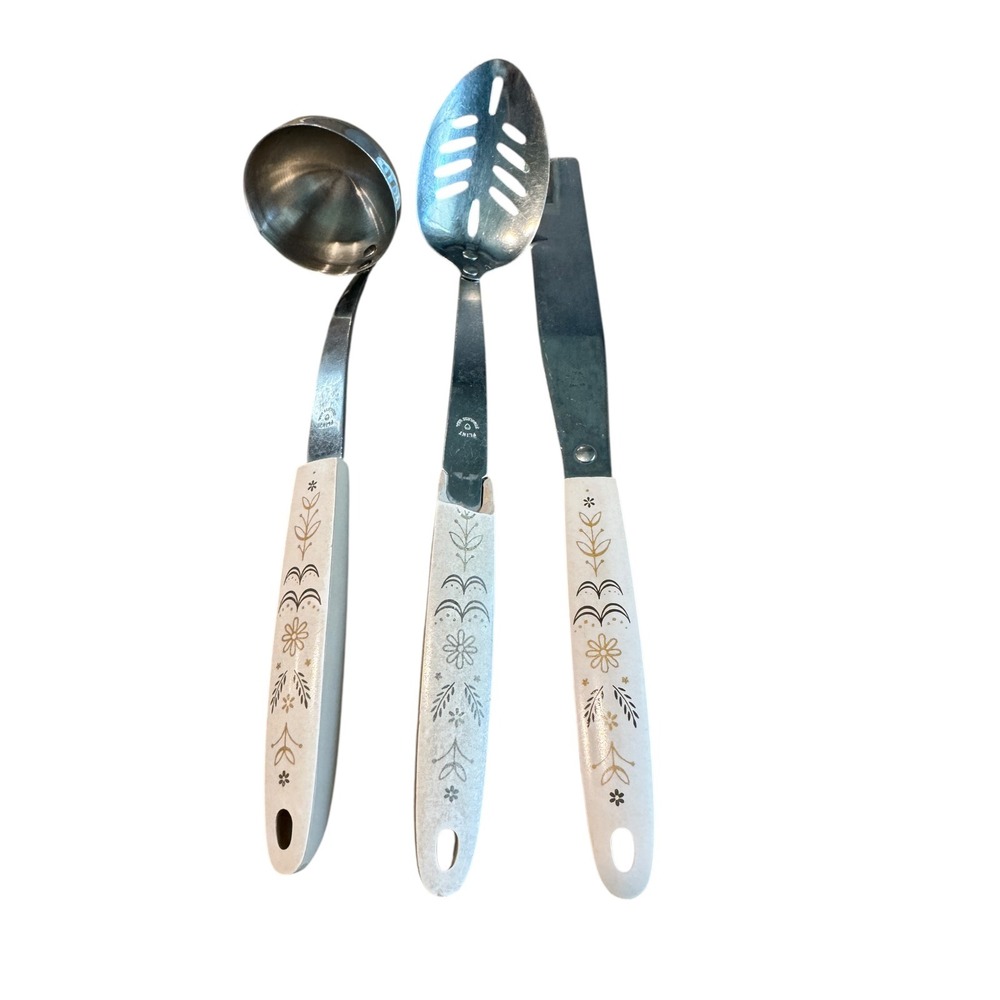 Vintage Ekco Flint Stainless Steel Harvest Wheat Kitchen Utensil Set MCM 3pc USA
